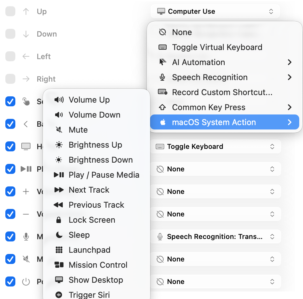 Button assignments mapping Siri Remote buttons to Mac actions